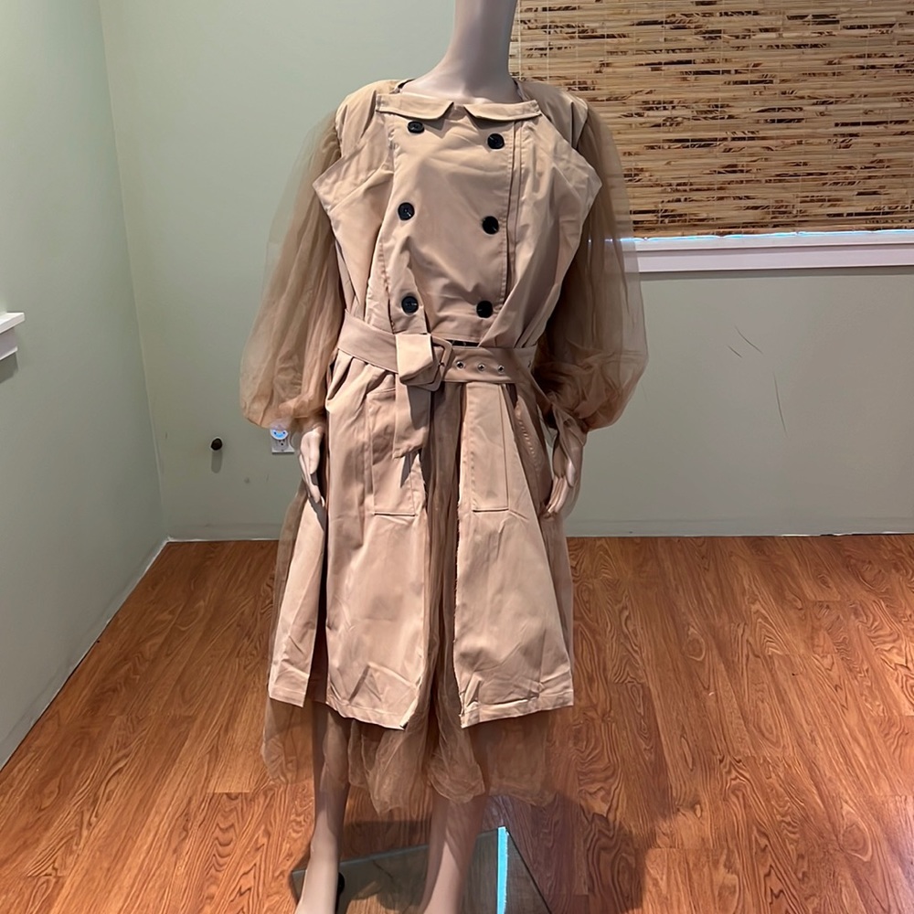 Nyla Belted Trenched In Camel Color With Netted Front & Trim XL